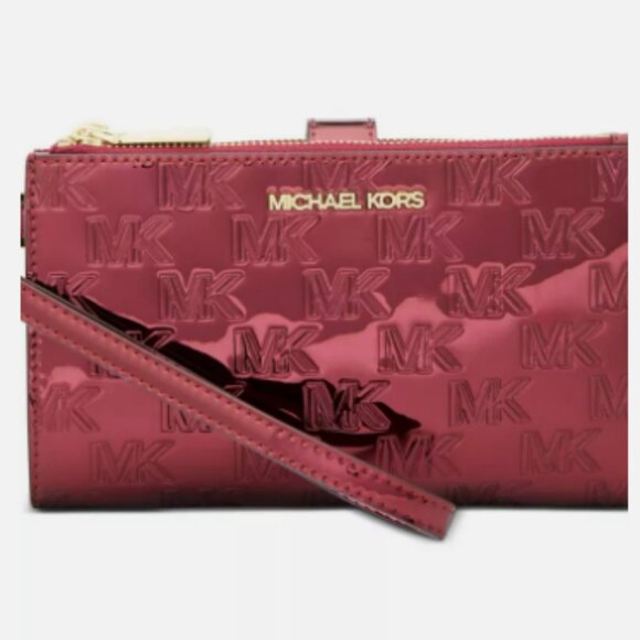 Michael Kors Jet Set MK Facet Logo Embossed Specchio Double Zip Wristlet DeepRED - Picture 4 of 6